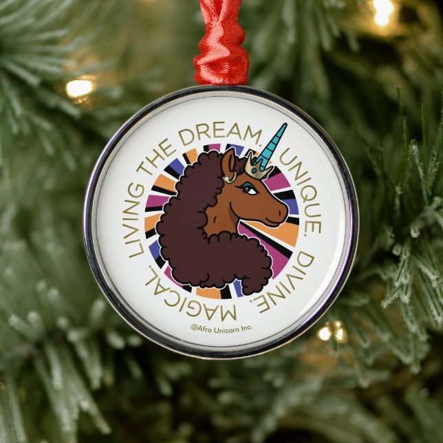 Afro Unicorn Living the Dream Design Metal Ornament (Tree)