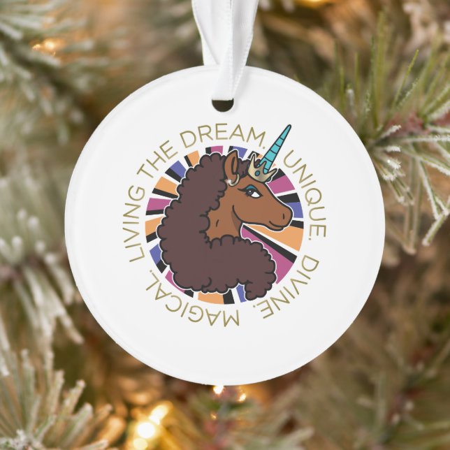 Afro Unicorn Living the Dream Design Ornament (Tree)