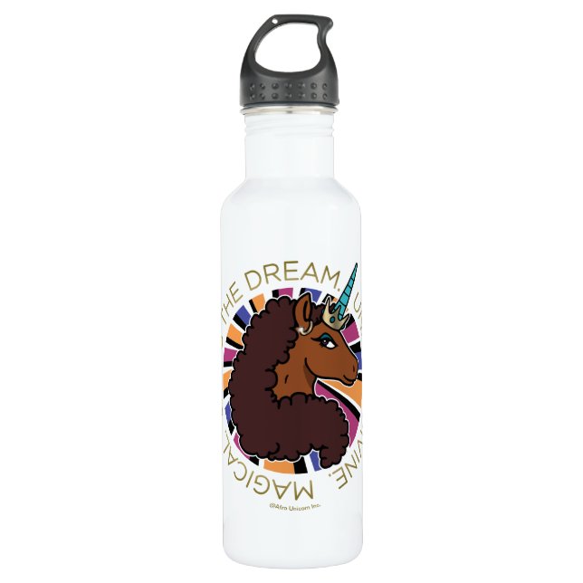 Afro Unicorn Living the Dream Design Stainless Steel Water Bottle (Front)