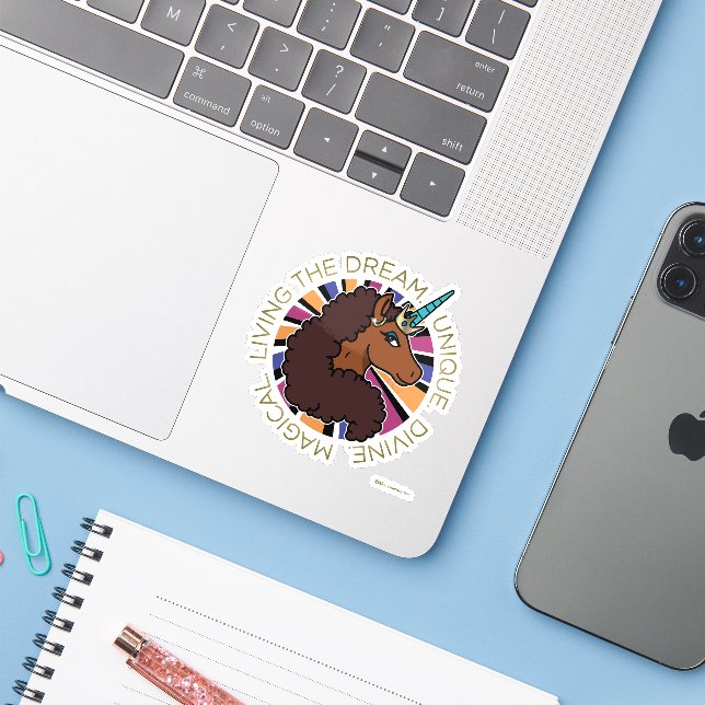 Afro Unicorn Living the Dream Design Sticker (Laptop w/ iPhone)