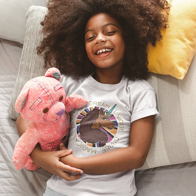 Afro Unicorn Living the Dream Design T-Shirt (Kid wearing t-shirt)
