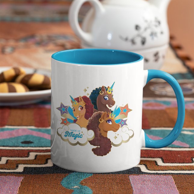 Afro Unicorn “Made of Magic” Trio Design Mug (Mug on table)