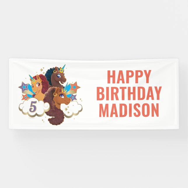 Afro Unicorn Magical Girl's Birthday Banner (Horizontal)