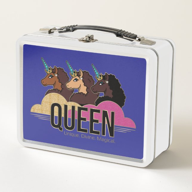 Afro Unicorn Queen Trio Design Metal Lunch Box (Front)