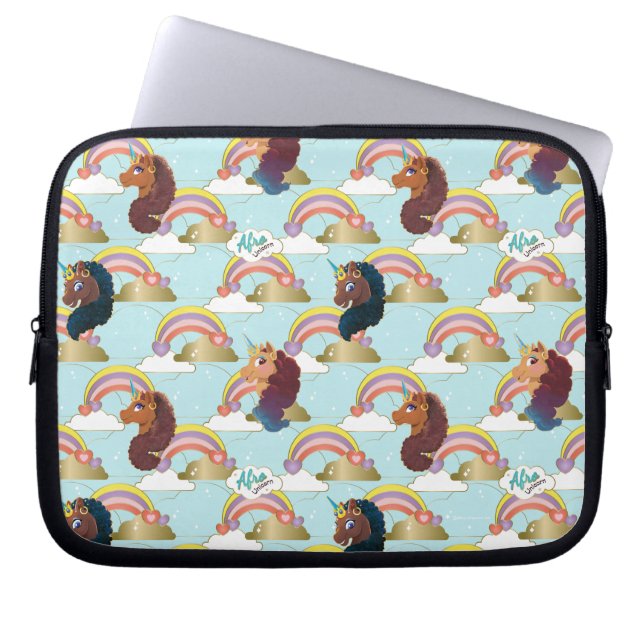 Afro Unicorn Rainbow and Hearts Pattern Laptop Sleeve (Front)
