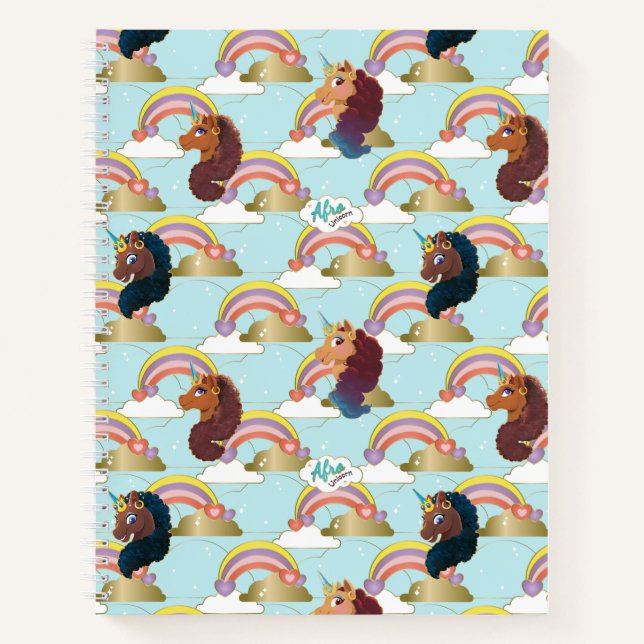 Afro Unicorn Rainbow and Hearts Pattern Notebook (Front)