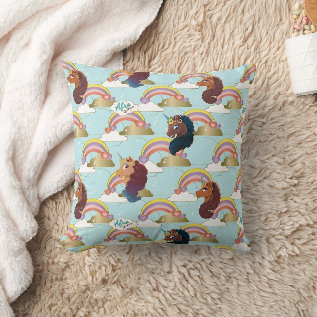 Afro Unicorn Rainbow and Hearts Pattern Throw Pillow (Blanket)