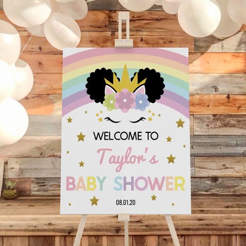 Afro Unicorn Rainbows Baby Shower Welcome Sign