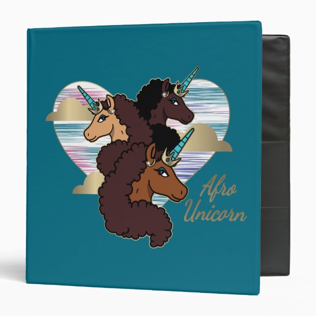 Afro Unicorn Trio Heart Design 3 Ring Binder (Front/Inside)