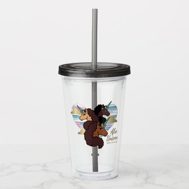 Afro Unicorn Trio Heart Design Acrylic Tumbler (Front)