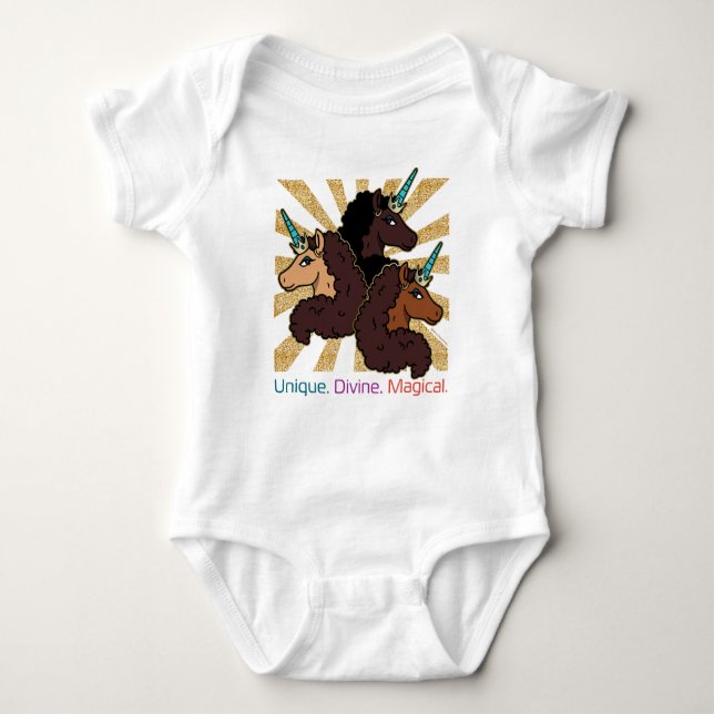 Afro Unicorn Trio: Unique, Divine, and Magical Baby Bodysuit (Front)