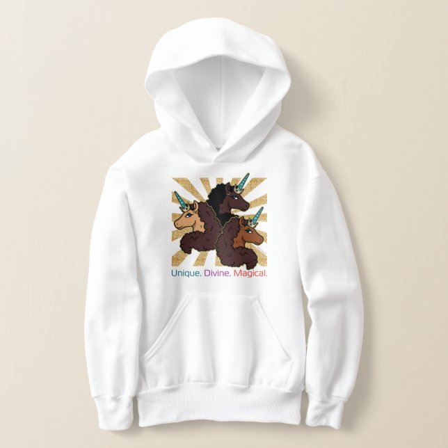 Afro Unicorn Trio: Unique, Divine, and Magical Hoodie (Laydown)