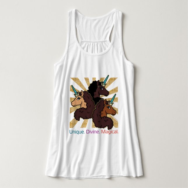 Afro Unicorn Trio: Unique, Divine, and Magical Tank Top (Design Front)
