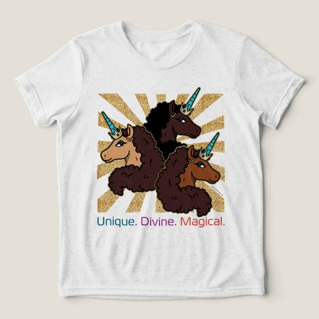 Afro Unicorn Trio: Unique, Divine, and Magical Tri-Blend Shirt (Design Front)