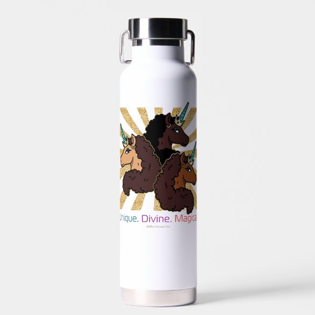 Afro Unicorn Trio: Unique, Divine, and Magical Water Bottle (Front)