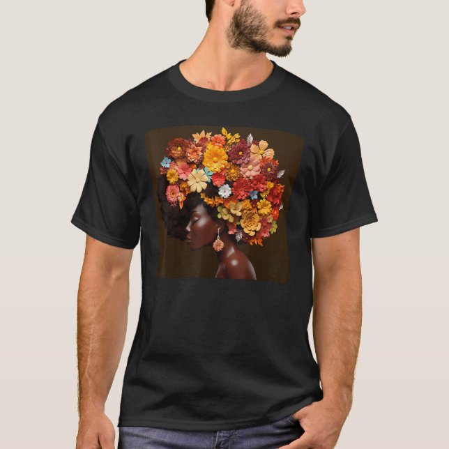 Afro Woman Floral Black Queen Puff Melanin Magic F T-Shirt (Front)