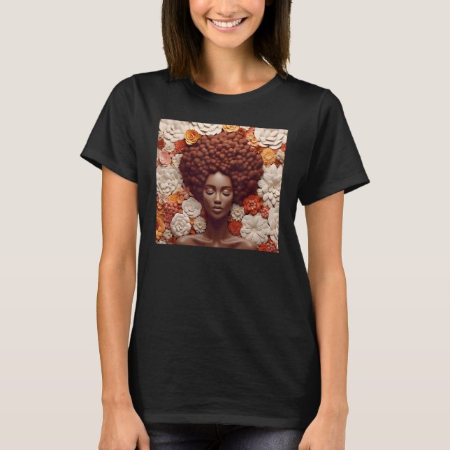 Afro Woman Floral Black Queen Puff Melanin Orange  T-Shirt (Front)
