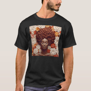 Afro Woman Floral Black Queen Puff Melanin Orange  T-Shirt