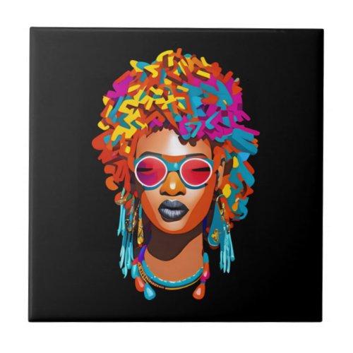 Afro woman with sunglasses colorful pop art 67 ceramic tile