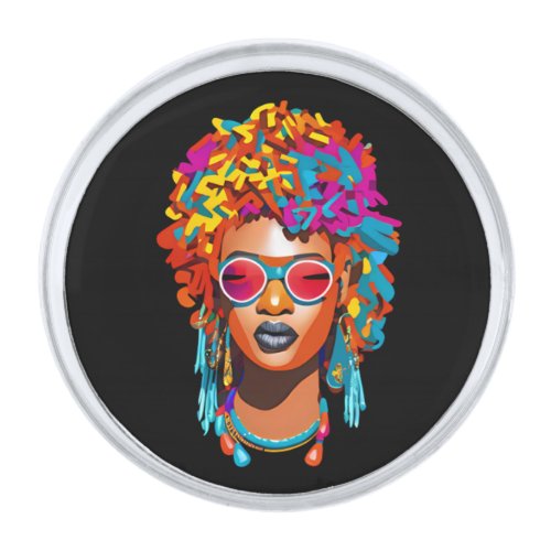 Afro woman with sunglasses colorful pop art 67 silver finish lapel pin