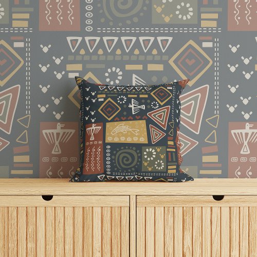 Afrocentric Abstract Ethnic Tribal Doodle Pattern Throw Pillow