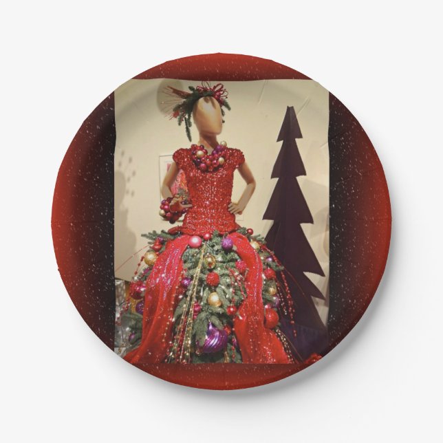 Afrocentric Dress Form Mannequin Christmas Tree Paper Plates (Front)