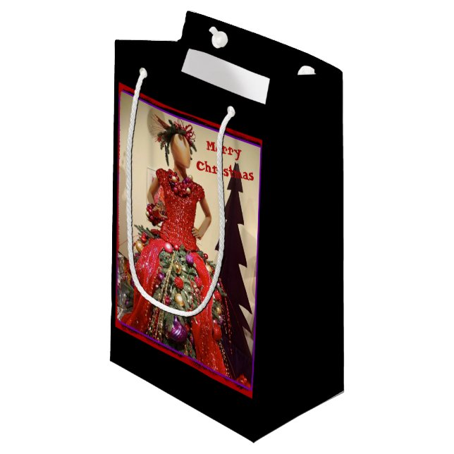 Afrocentric Dress Form Mannequin Christmas Tree Small Gift Bag (Front Angled)