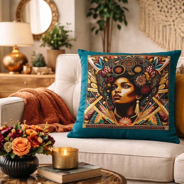 Afrocentric Goddess Art Boho Throw Pillow (Creator Uploaded)