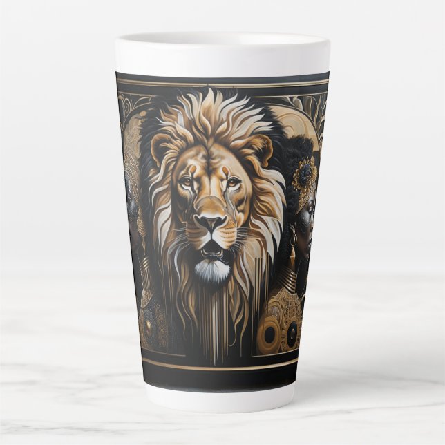 Afrofuturism of couple with a lion latte mug (Front)