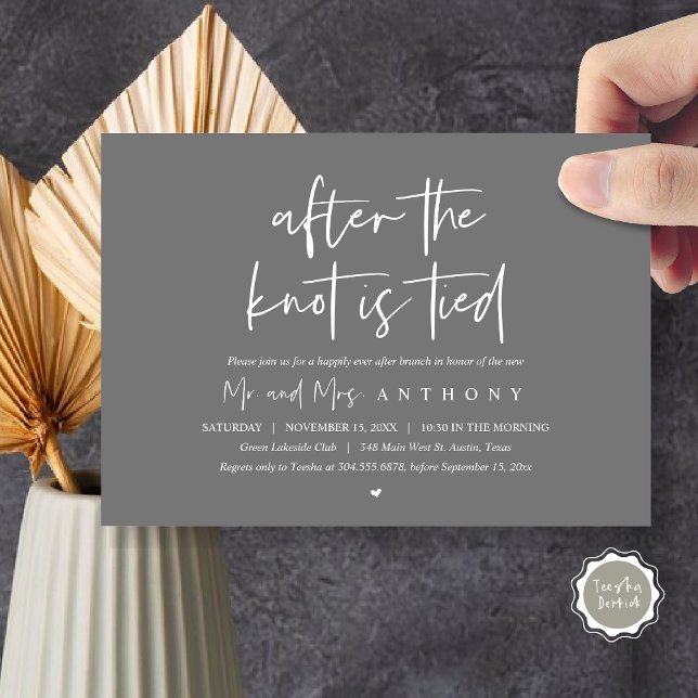 After the knot tied, Happily Ever After Brunch Invitation (After The Knot Is Tied, Post Wedding Brunch Invitation Card, PDF, Modern Script, Dark Grey)