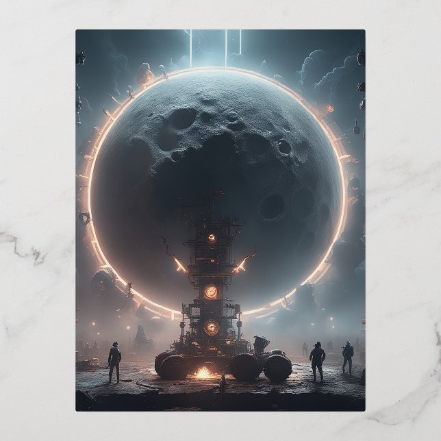 After the long night, the full moon begins to peek foil holiday postcard (Front)