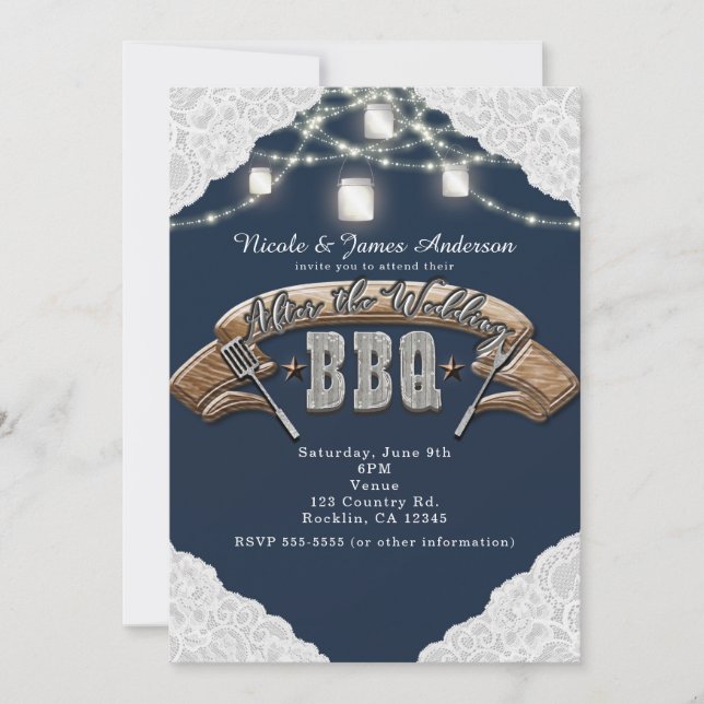 AFTER THE WEDDING BBQ Blue Mason Jar Lights & Lace Invitation (Front)