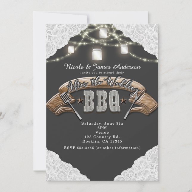 AFTER THE WEDDING BBQ I DO Mason Jar Lights & Lace Invitation (Front)