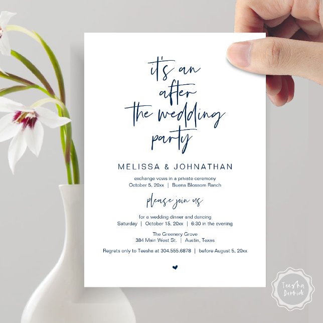 After the wedding, Black, Elopement Party Invitation (It's an after the wedding, Elopement dinner dancing brunch Party Invitation Card PDF Navy Blue)