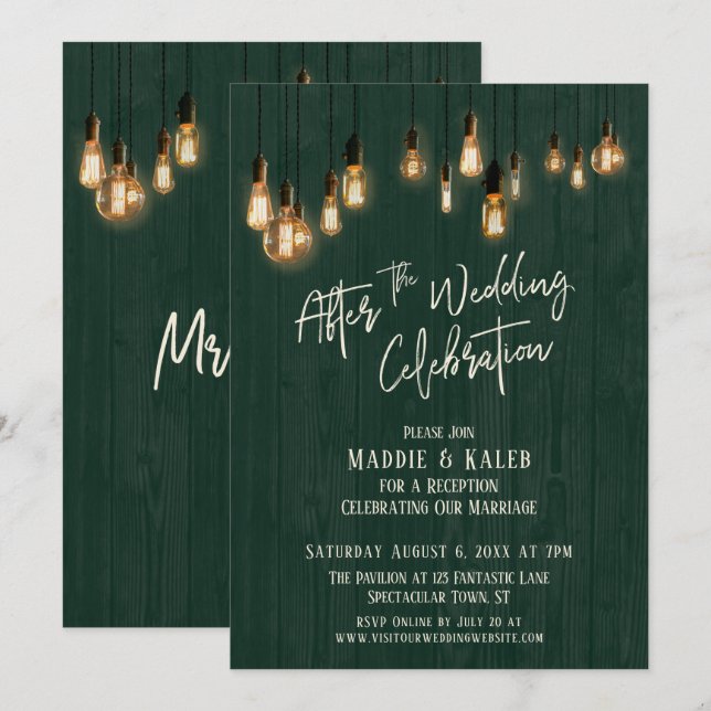 After the Wedding Celebration Green Wood & Lights Invitation (Front/Back)