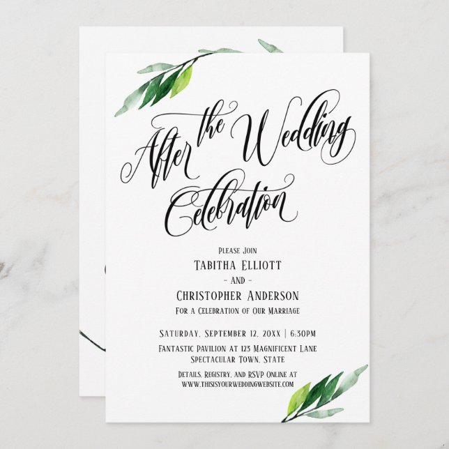 After the Wedding Celebration Script and Greenery Invitation (Front/Back)