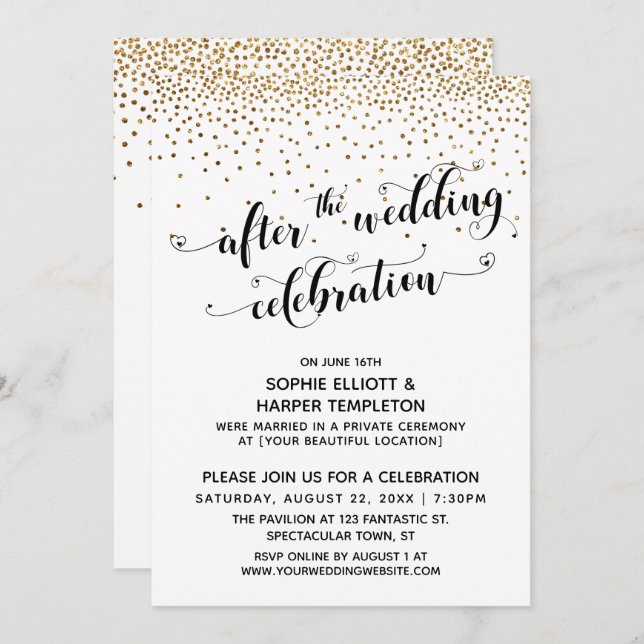 After the Wedding Celebration Script Gold Confetti Invitation (Front/Back)