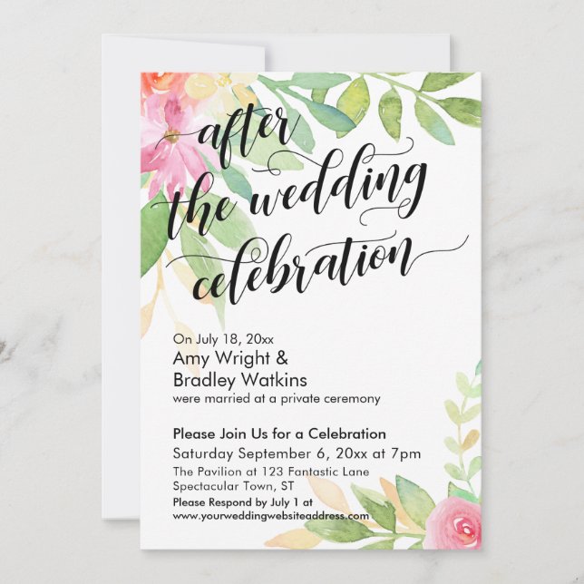 After the Wedding Celebration Watercolor Flowers Invitation (Front)