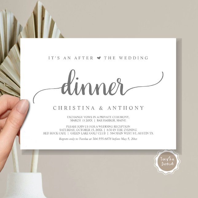 After The Wedding Dinner, Rustic Elopement Invitation (It's An After The Wedding Dinner, Elopement Invitation Card, Modern Rustic Script in Dark Grey.)