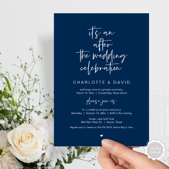 After the wedding, Navy Blue, Elopement Party Invitation (Its an after the wedding celebration, Elopement Dinner Party Invitation Card, PDF, in navy blue)