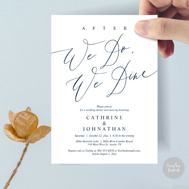 After we do, we dine, Wedding Dinner and Dancing Invitation (After we do, we dine, Modern Romance Wedding Dinner and Dancing Invitation Card, PDF, in Navy Blue)