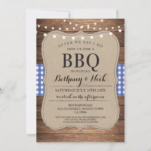 After We Say I Do BBQ Rustic Blue Lights Invite