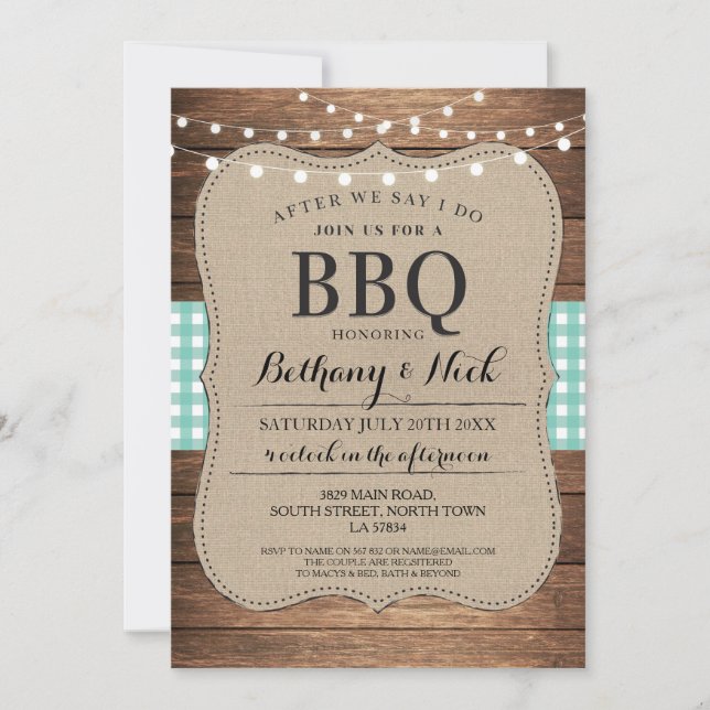 After We Say I Do BBQ Rustic Mint Lights Invite (Front)