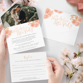 After Wedding Party Photo Peach Spring Blossom All In One Invitation by mylittleedenweddings at Zazzle