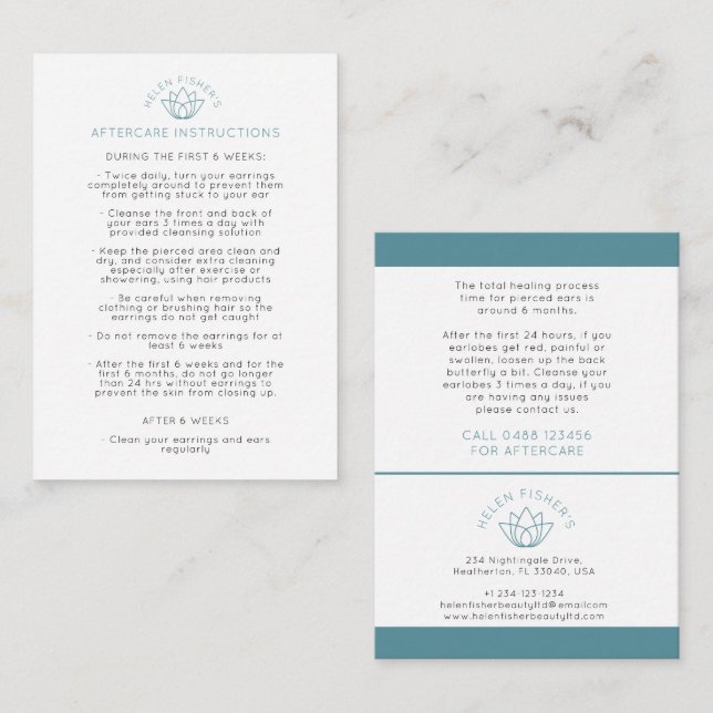 Aftercare ear piercing instructions  discount card (Front/Back)