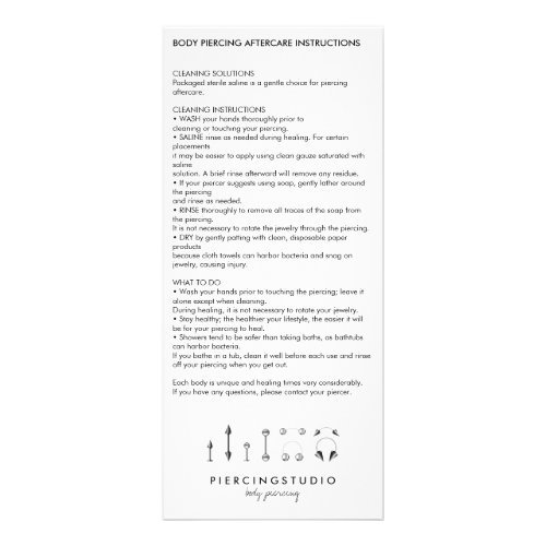 Aftercare Instructions Body Piercing Clear Rack Card