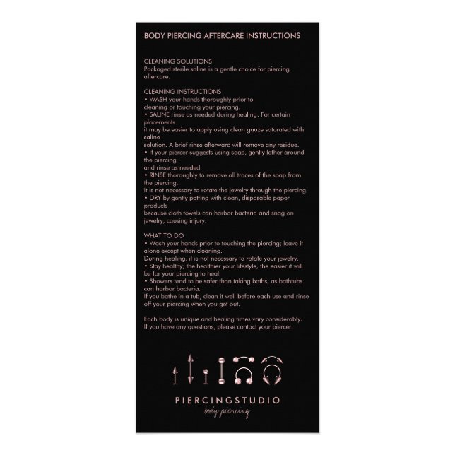 Aftercare Instructions Body Piercing Jewelry Rack Card (Front)