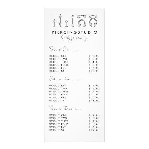 Aftercare Instructions Body Piercing Price List Rack Card