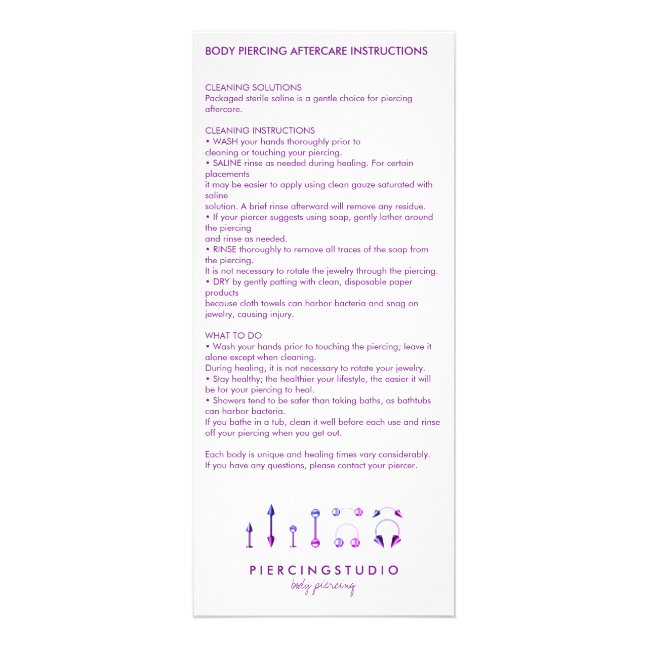 Aftercare Instructions Body Piercing Purple Rack Card