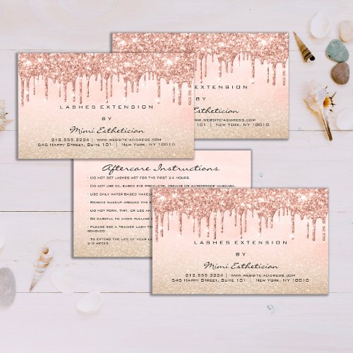 Aftercare Instructions Eyelash Rose Glitter Drips Business Card